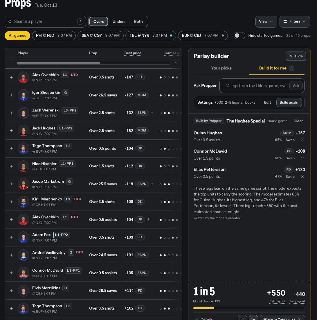 Parlays on Propper: Add props with + and price your parlay, or let Propper's model build one at your payout.